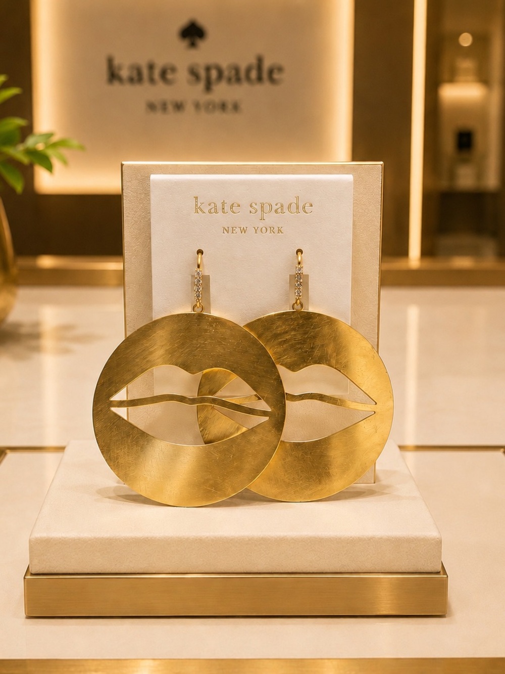 Rare Kate Spade Gold Lip Cutout Drop Earrings Rhinestone Statement Large Circles - Picture 1 of 3